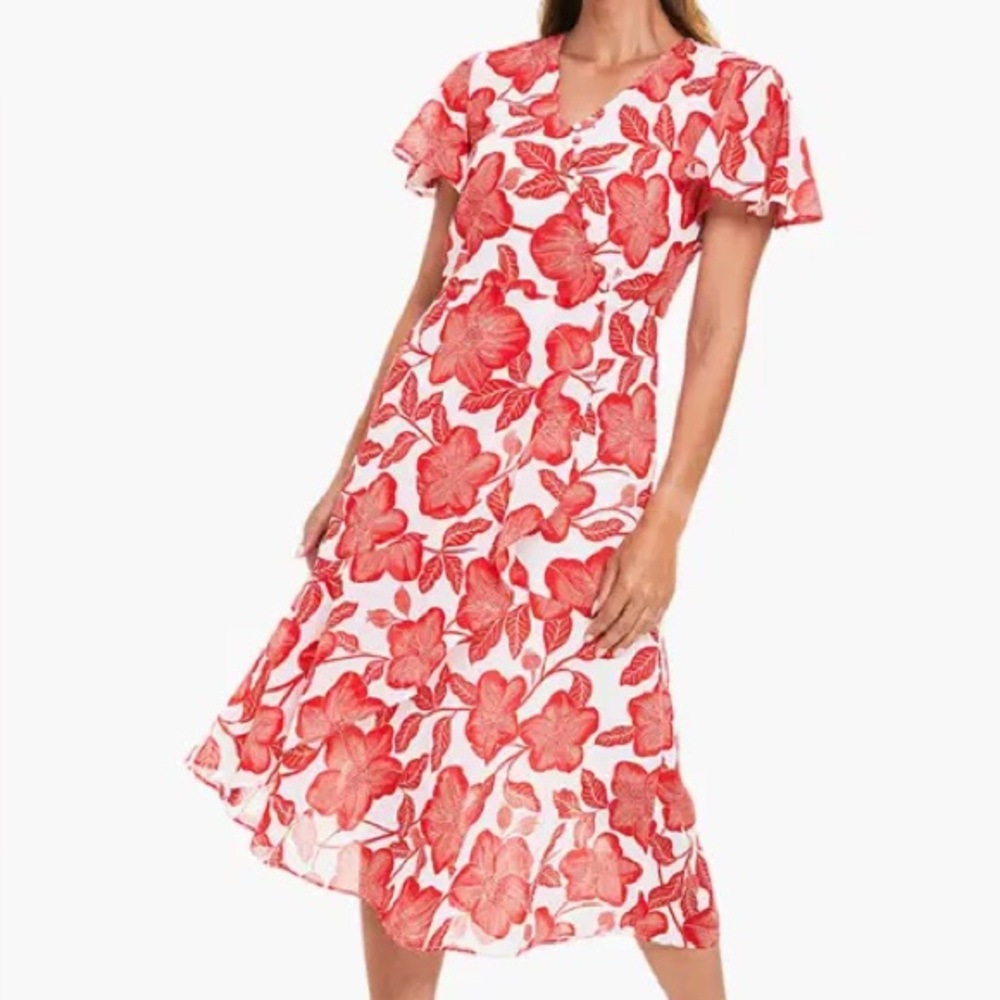 🩵Woolworths Women’s Red and White Floral Midi Dress Size S